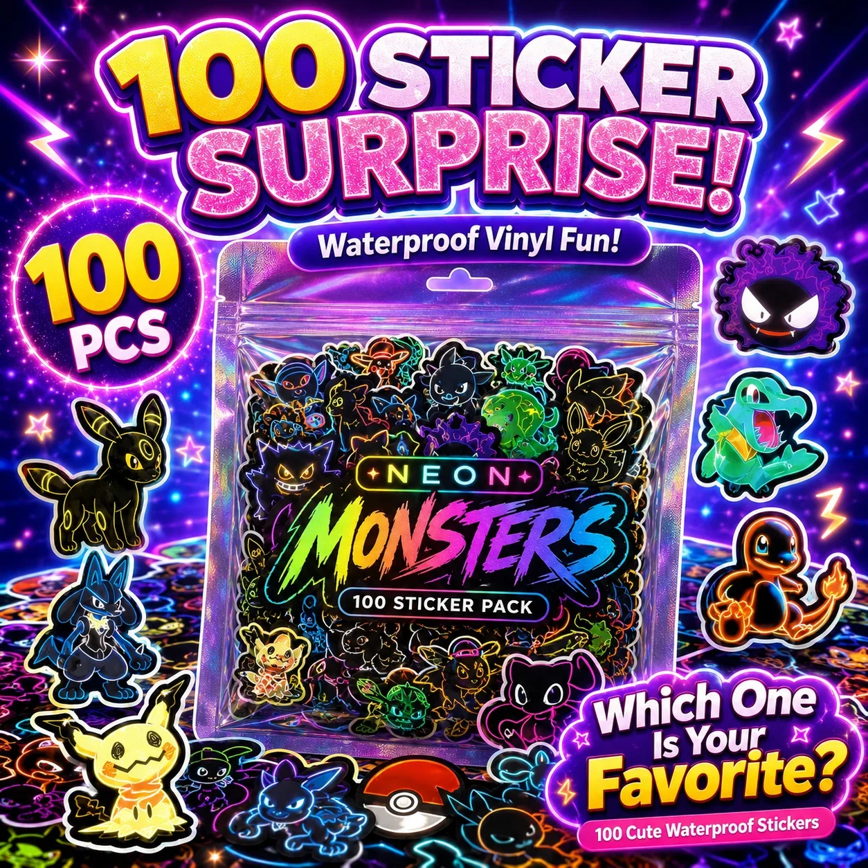 Laptops - 100 adesivi Pokémon neon impermeabili, decorazioni